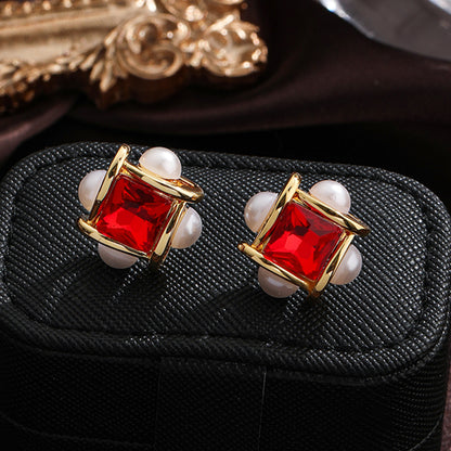 1 Pair Ig Style Square Plating Inlay Copper Freshwater Pearl Glass Zircon 18k Gold Plated Silver Plated Ear Studs