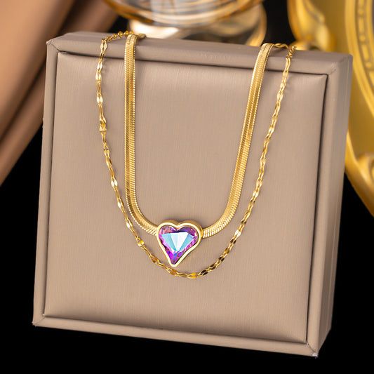 Simple Style Heart Shape Titanium Steel Plating Inlay Artificial Gemstones 18k Gold Plated Double Layer Necklaces