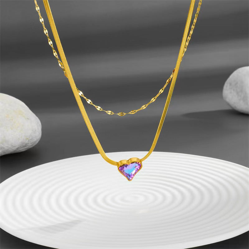 Simple Style Heart Shape Titanium Steel Plating Inlay Artificial Gemstones 18k Gold Plated Double Layer Necklaces