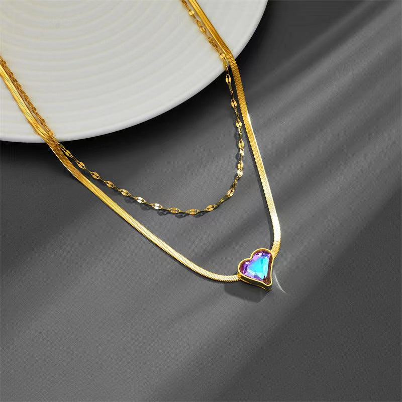 Simple Style Heart Shape Titanium Steel Plating Inlay Artificial Gemstones 18k Gold Plated Double Layer Necklaces