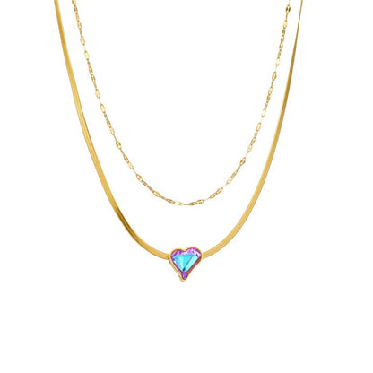 Simple Style Heart Shape Titanium Steel Plating Inlay Artificial Gemstones 18k Gold Plated Double Layer Necklaces