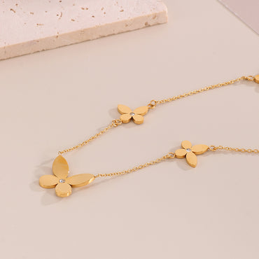 Sweet Simple Style Four Leaf Clover Titanium Steel Plating Inlay Artificial Diamond 18k Gold Plated Bracelets Necklace