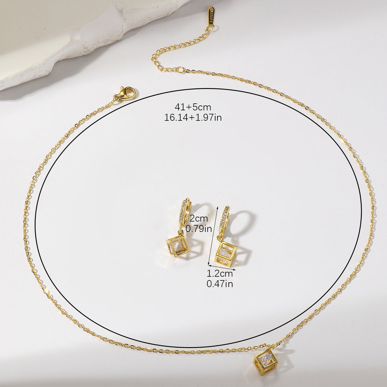 Ig Style Simple Style Rubik's Cube Stainless Steel Plating Inlay Zircon Gold Plated Jewelry Set