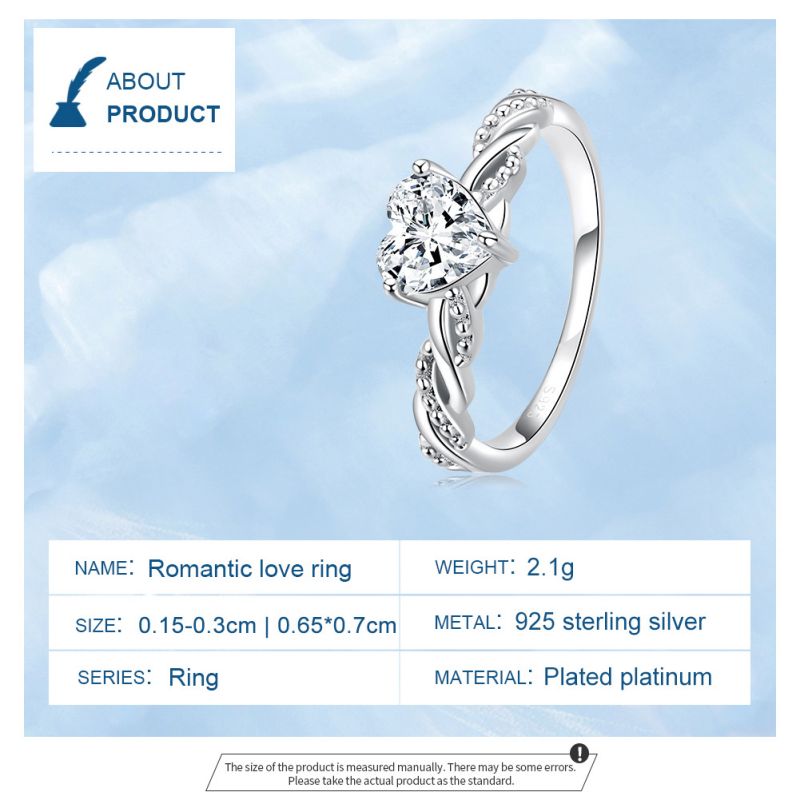 Elegant Shiny Heart Shape Sterling Silver Zircon Rings In Bulk