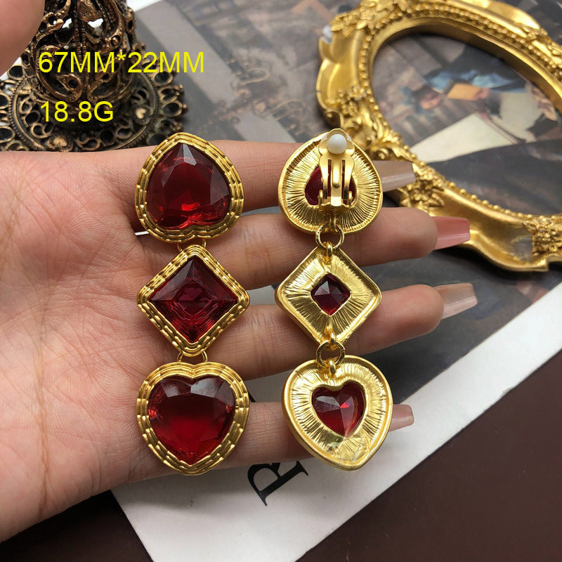 Wholesale Jewelry Retro Heart Shape Alloy Artificial Gemstones Gold Plated Plating Inlay Drop Earrings