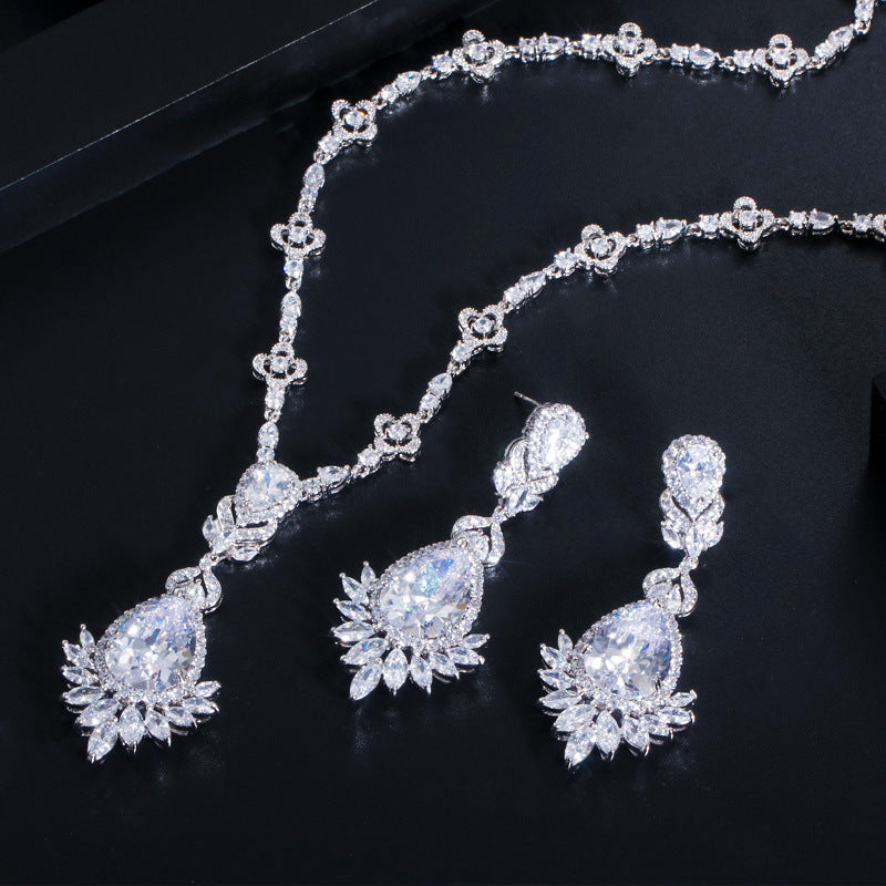 Luxurious Wedding Bridal Water Droplets Crown Copper Plating Inlay Artificial Gemstones White Gold Plated Rhodium Plated Jewelry Set