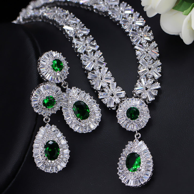 Luxurious Wedding Bridal Water Droplets Copper Plating Inlay Artificial Gemstones White Gold Plated Rhodium Plated Jewelry Set