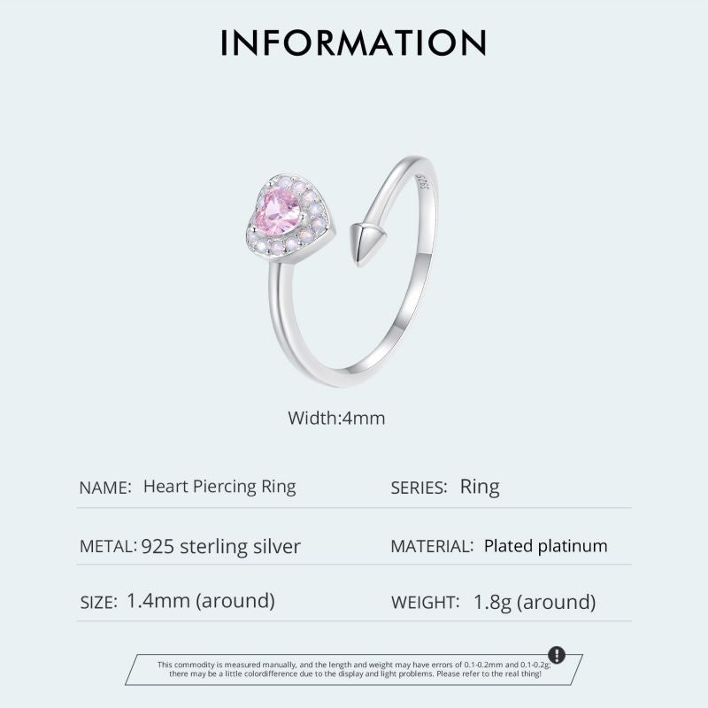 Casual Heart Shape Rose Sterling Silver Zircon Open Rings In Bulk