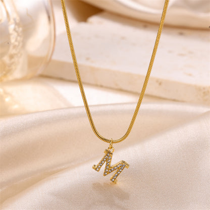 Sweet Simple Style Artistic Letter Stainless Steel Plating Inlay Artificial Diamond 18k Gold Plated Pendant Necklace