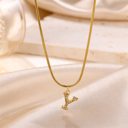 Sweet Simple Style Artistic Letter Stainless Steel Plating Inlay Artificial Diamond 18k Gold Plated Pendant Necklace