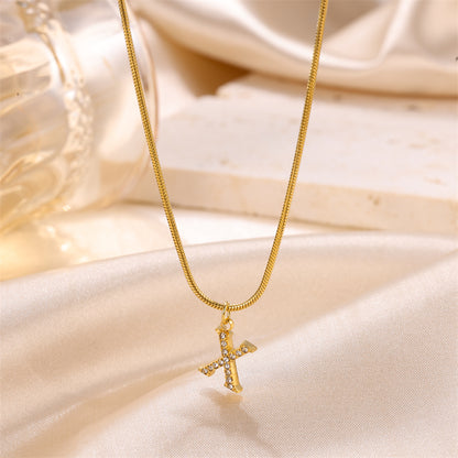 Sweet Simple Style Artistic Letter Stainless Steel Plating Inlay Artificial Diamond 18k Gold Plated Pendant Necklace