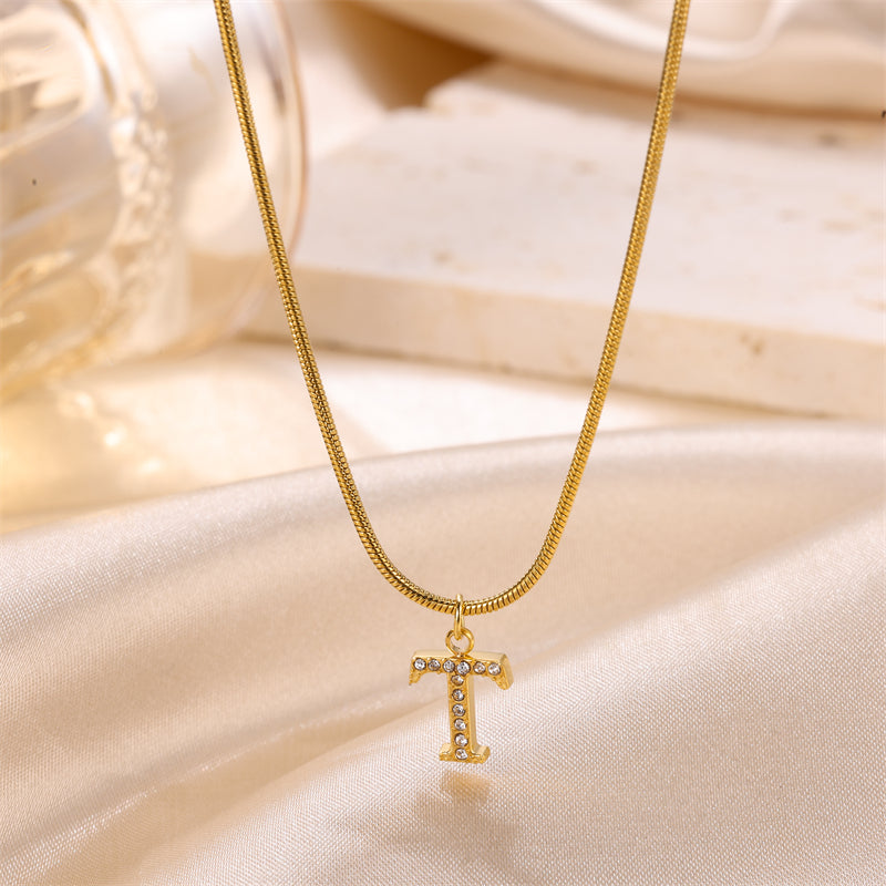 Sweet Simple Style Artistic Letter Stainless Steel Plating Inlay Artificial Diamond 18k Gold Plated Pendant Necklace