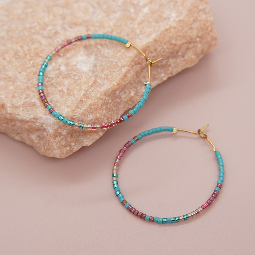 1 Pair Lady Gradient Color Beaded Glass Hoop Earrings