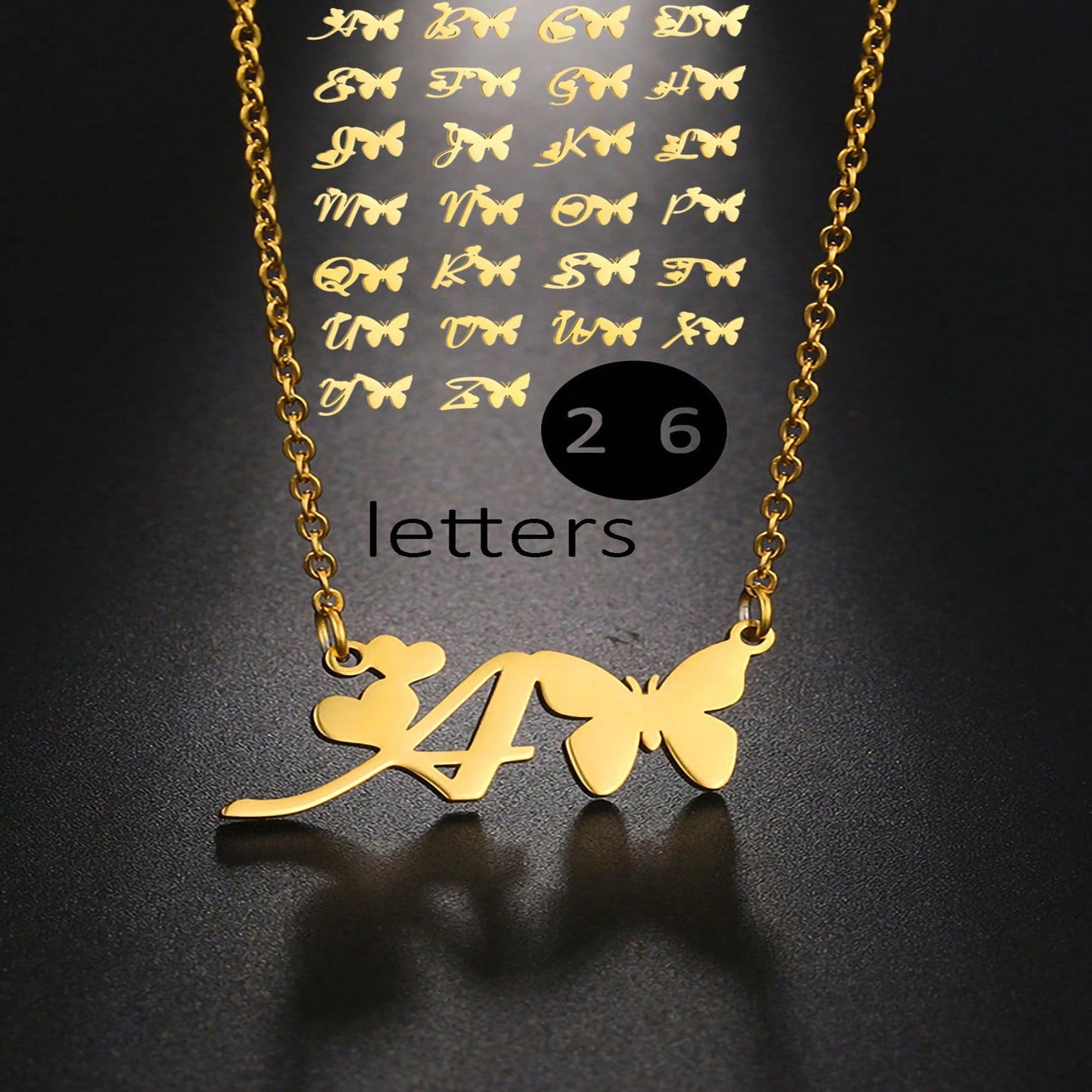 Elegant Letter Butterfly Titanium Steel Plating 18k Gold Plated Pendant Necklace