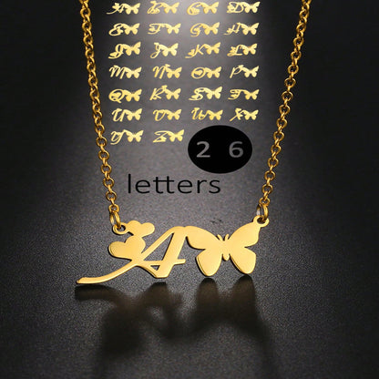 Elegant Letter Butterfly Titanium Steel Plating 18k Gold Plated Pendant Necklace