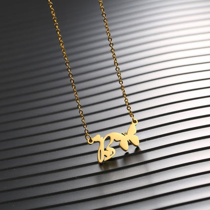 Elegant Letter Butterfly Titanium Steel Plating 18k Gold Plated Pendant Necklace