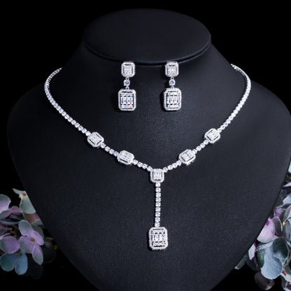 Luxurious Bridal Shiny Square Copper Plating Inlay Artificial Gemstones White Gold Plated Rhodium Plated Jewelry Set