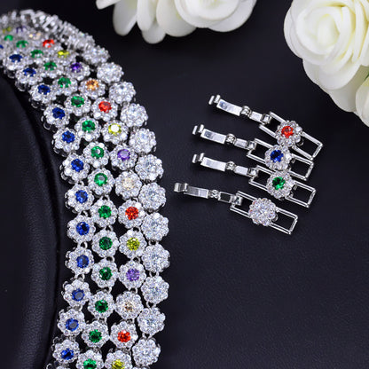 Bridal Shiny Flower Copper Plating Inlay Artificial Gemstones White Gold Plated Rhodium Plated Jewelry Set