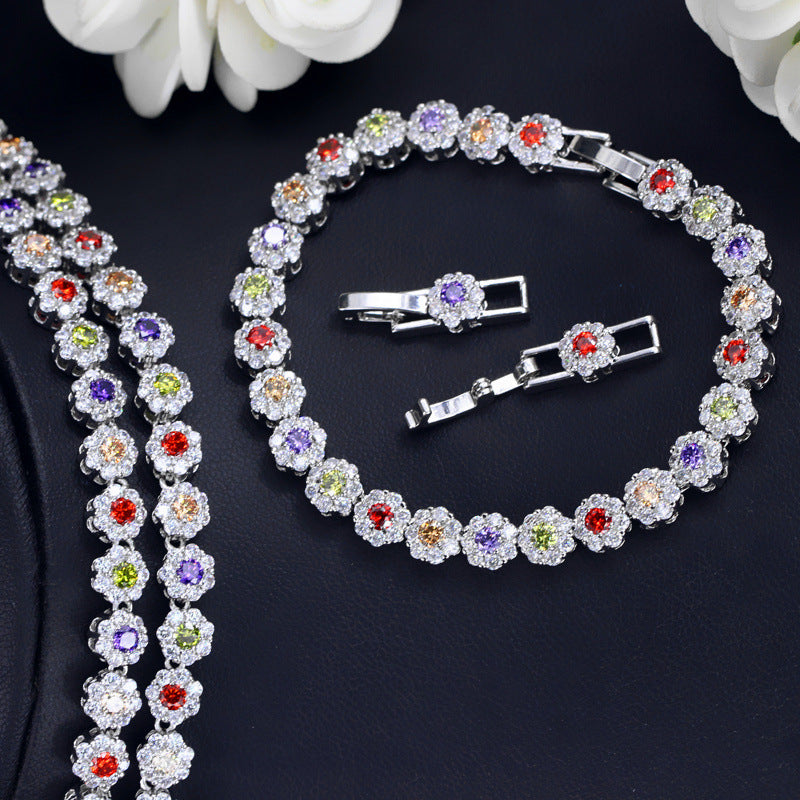 Bridal Shiny Flower Copper Plating Inlay Artificial Gemstones White Gold Plated Rhodium Plated Jewelry Set