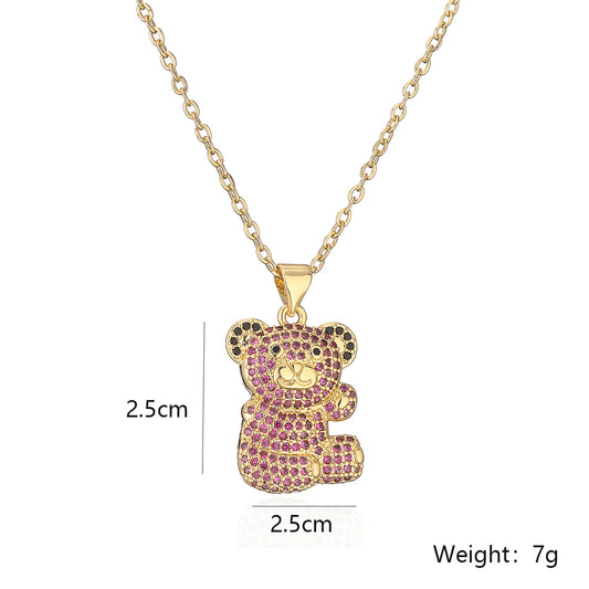 Cute Little Bear Copper Plating Inlay Zircon 18k Gold Plated Pendant Necklace