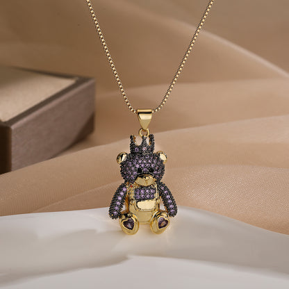 Cute Commute Little Bear Copper Plating Inlay Zircon 18k Gold Plated Pendant Necklace