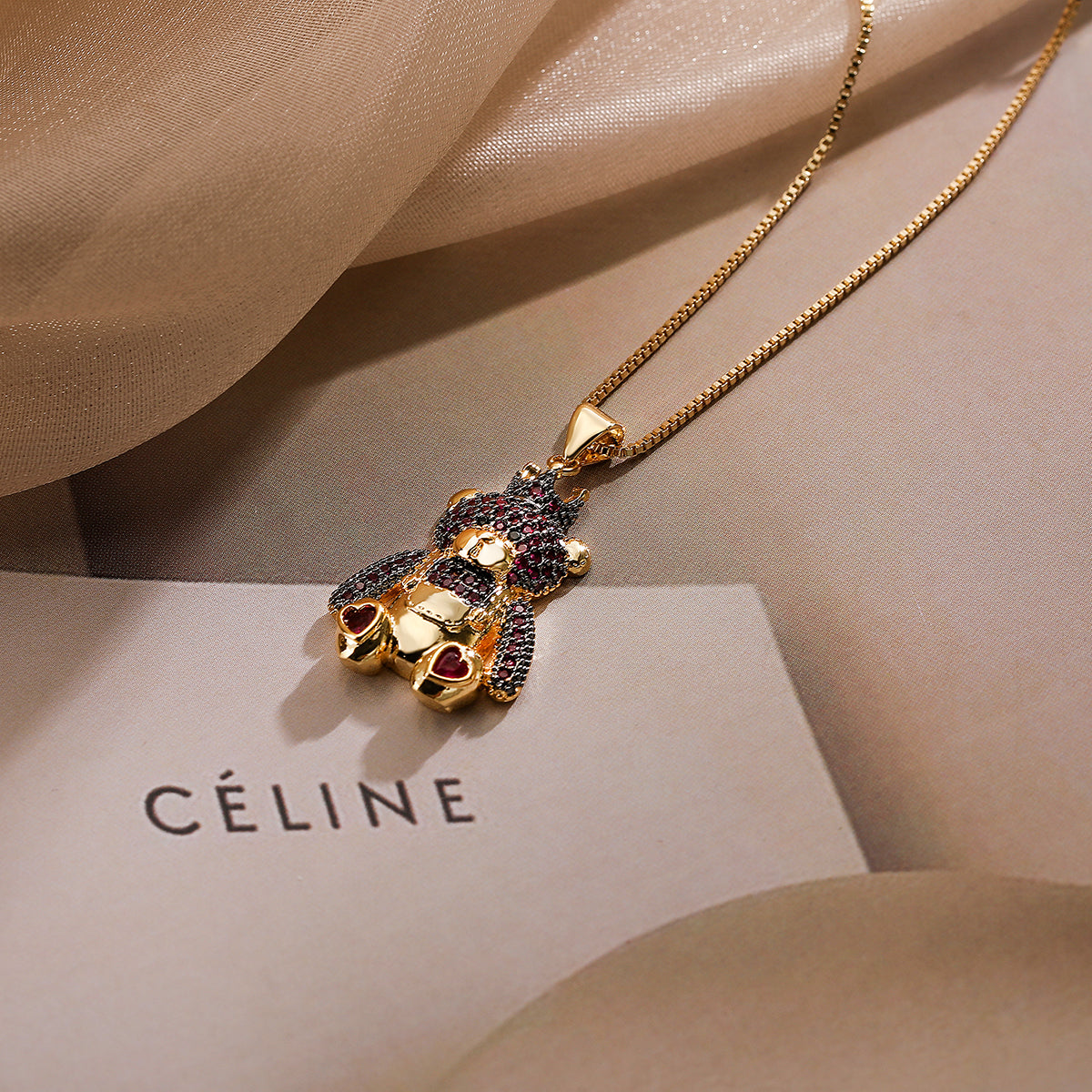 Cute Commute Little Bear Copper Plating Inlay Zircon 18k Gold Plated Pendant Necklace