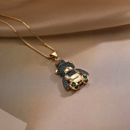 Cute Commute Little Bear Copper Plating Inlay Zircon 18k Gold Plated Pendant Necklace