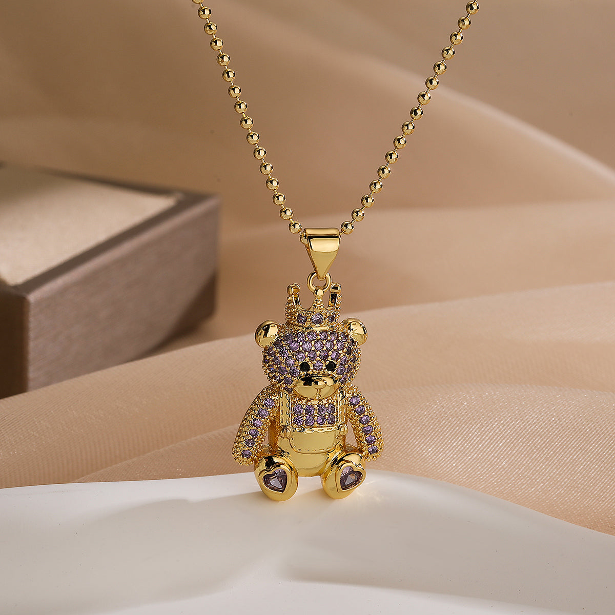 Cute Commute Little Bear Copper Plating Inlay Zircon 18k Gold Plated Pendant Necklace