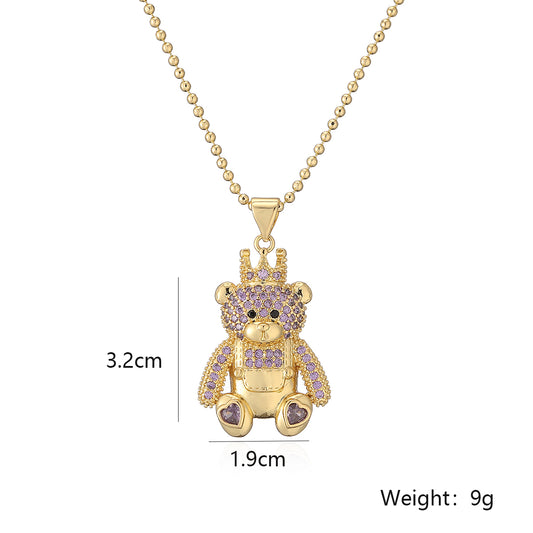 Cute Commute Little Bear Copper Plating Inlay Zircon 18k Gold Plated Pendant Necklace