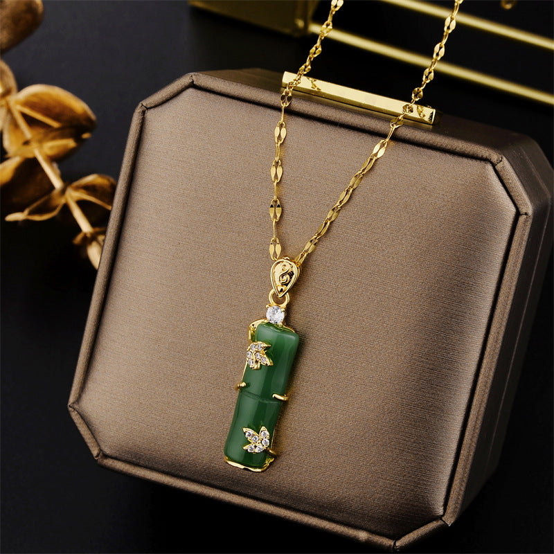 Chinoiserie Bamboo Titanium Steel Plating Inlay Artificial Gemstones Pendant Necklace