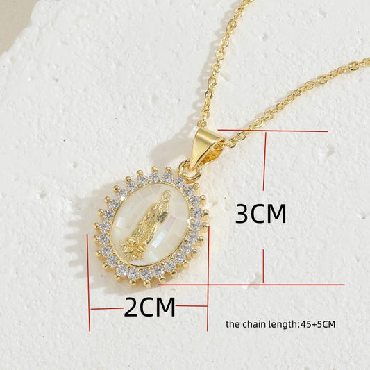 Cute Simple Style Commute Human Copper Enamel Plating Inlay Shell Zircon 14k Gold Plated Pendant Necklace