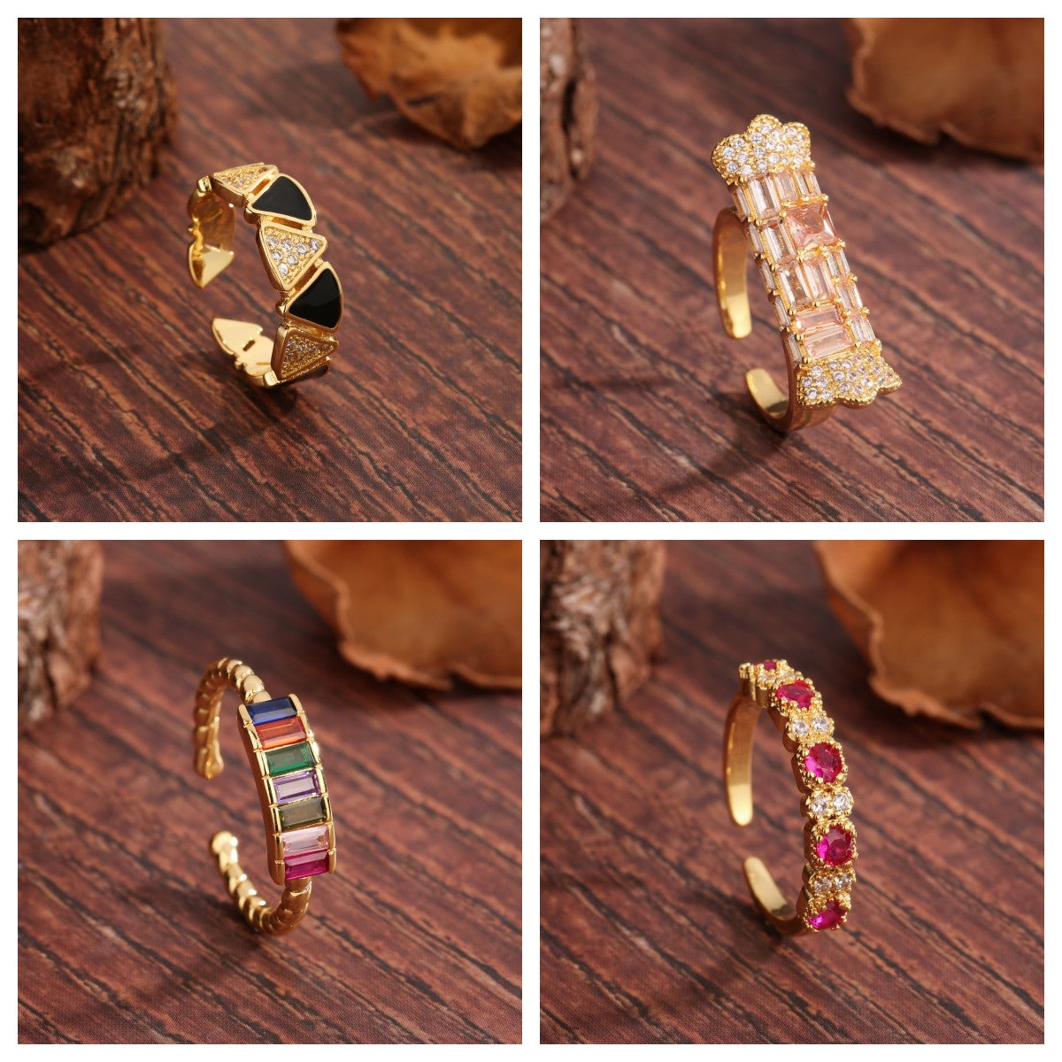 Vintage Style Sweet Commute Triangle Square Copper Plating Inlay Zircon 18k Gold Plated Open Rings