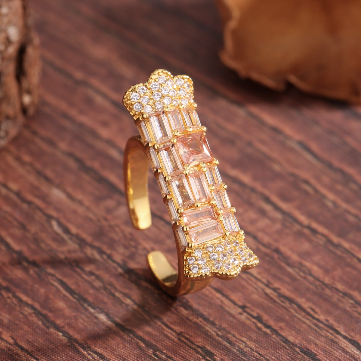 Vintage Style Sweet Commute Triangle Square Copper Plating Inlay Zircon 18k Gold Plated Open Rings