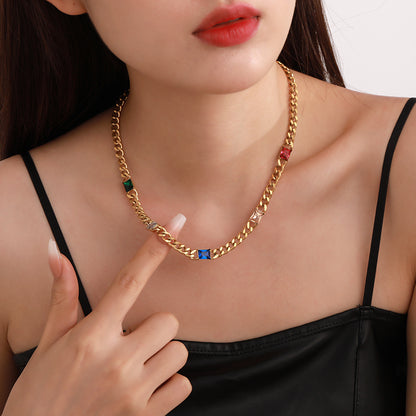 Streetwear Rectangle Stainless Steel Plating Inlay Zircon 18k Gold Plated Necklace