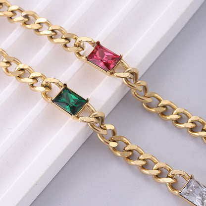 Streetwear Rectangle Stainless Steel Plating Inlay Zircon 18k Gold Plated Necklace