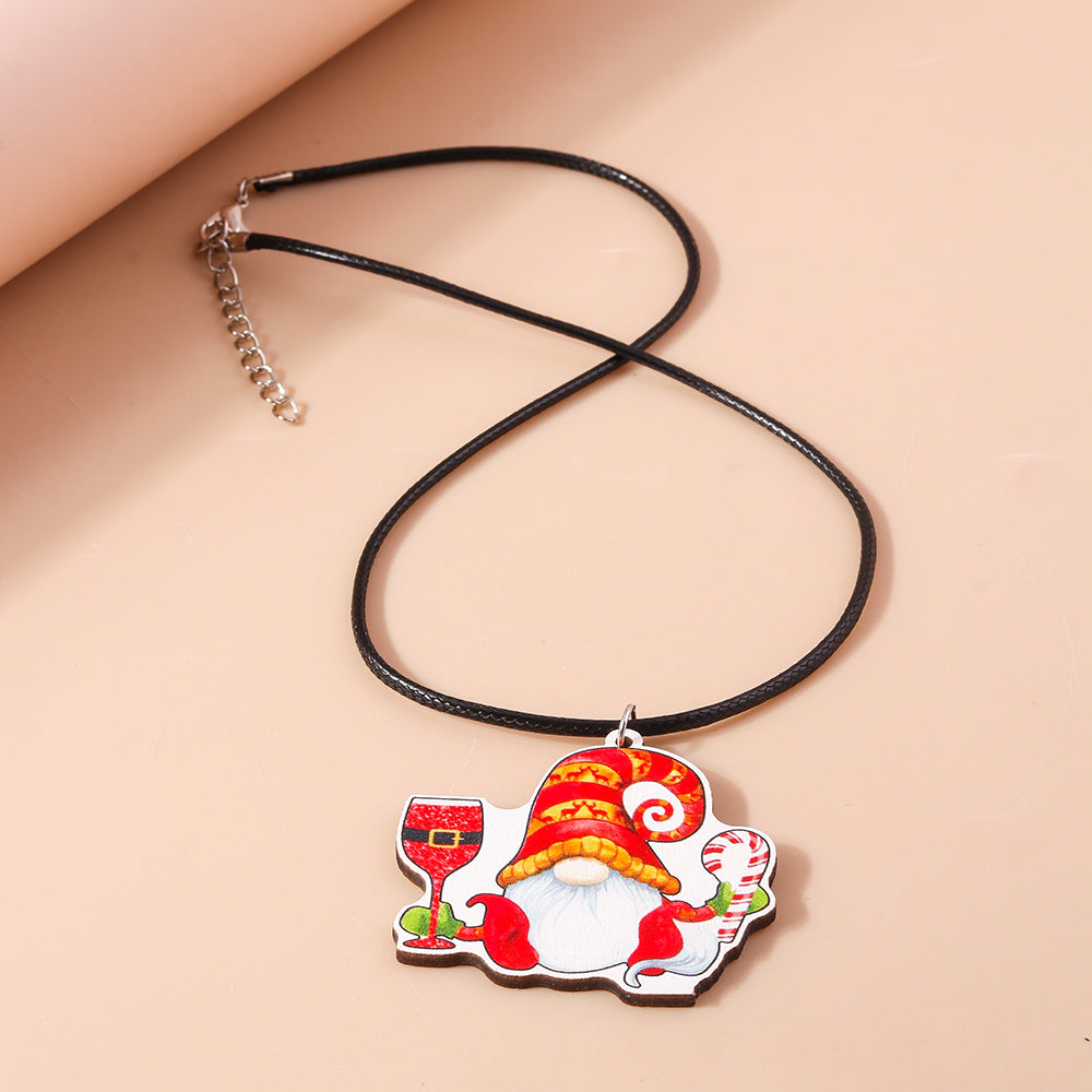 Cute Santa Claus Wood Printing Christmas Women's Pendant Necklace