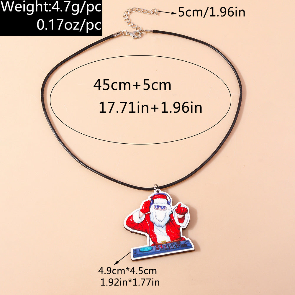 Cute Santa Claus Wood Printing Christmas Women's Pendant Necklace