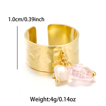 Sweet Artistic Round Stainless Steel Plating Inlay Freshwater Pearl 18k Gold Plated Open Rings