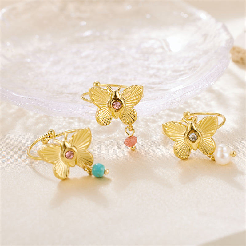 Sweet Artistic Butterfly Stainless Steel Plating Inlay Rhinestones 18k Gold Plated Rings