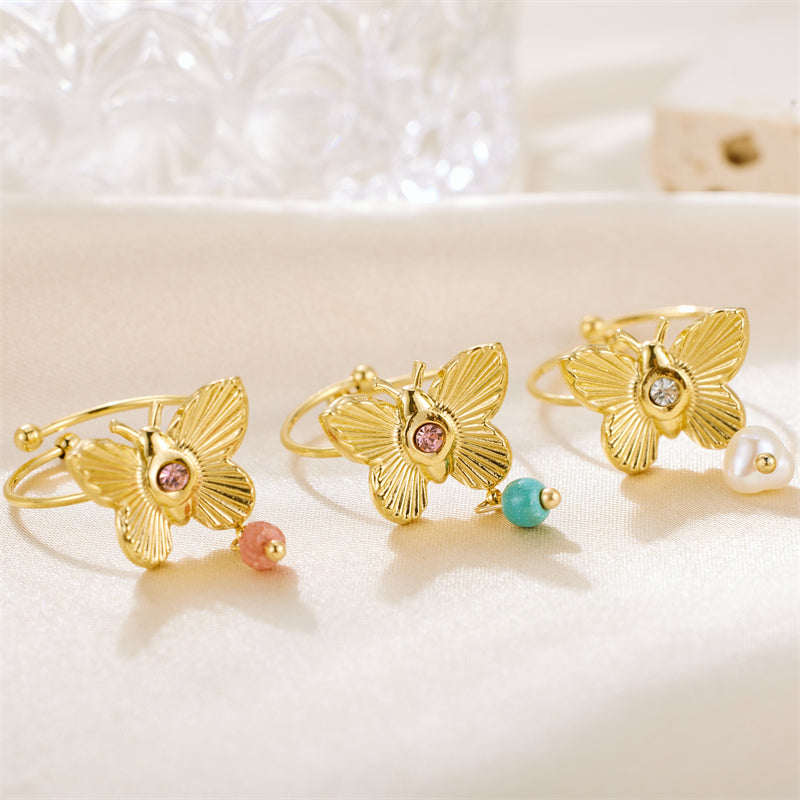 Sweet Artistic Butterfly Stainless Steel Plating Inlay Rhinestones 18k Gold Plated Rings