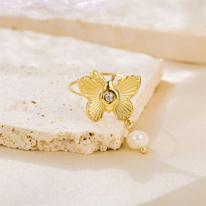 Sweet Artistic Butterfly Stainless Steel Plating Inlay Rhinestones 18k Gold Plated Rings