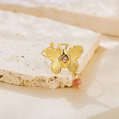 Sweet Artistic Butterfly Stainless Steel Plating Inlay Rhinestones 18k Gold Plated Rings