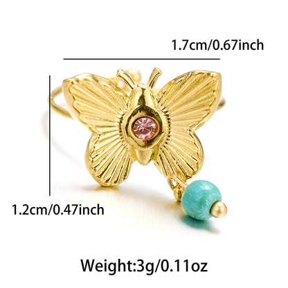 Sweet Artistic Butterfly Stainless Steel Plating Inlay Rhinestones 18k Gold Plated Rings