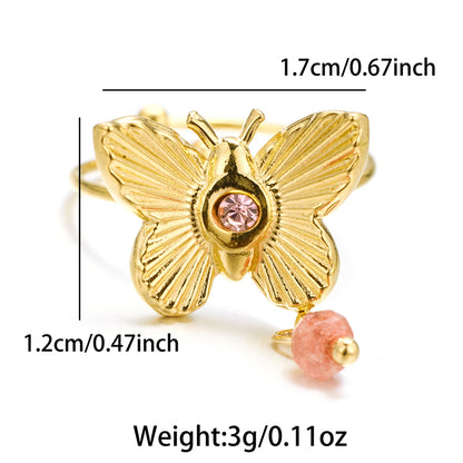 Sweet Artistic Butterfly Stainless Steel Plating Inlay Rhinestones 18k Gold Plated Rings