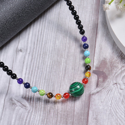 Classic Style Round Malachite Tiger Eye Obsidian Beaded Necklace