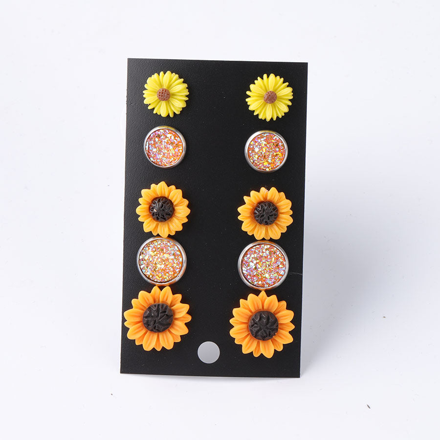 1 Set Pastoral Sunflower Round Stainless Steel Resin Ear Studs