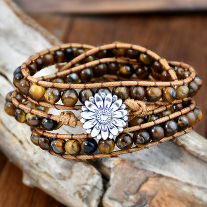 Vintage Style Handmade Ethnic Style Flower Alloy Natural Stone Rope Beaded Knitting Bracelets