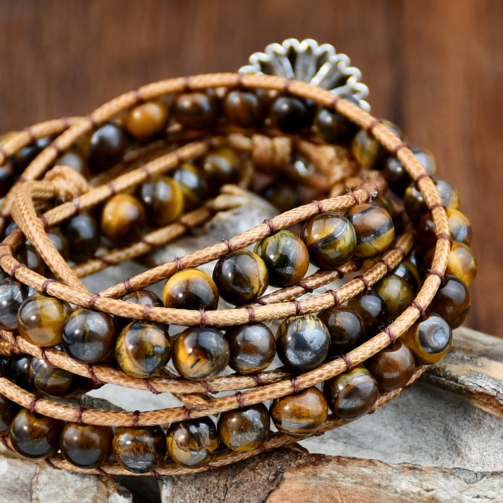 Vintage Style Handmade Ethnic Style Flower Alloy Natural Stone Rope Beaded Knitting Bracelets