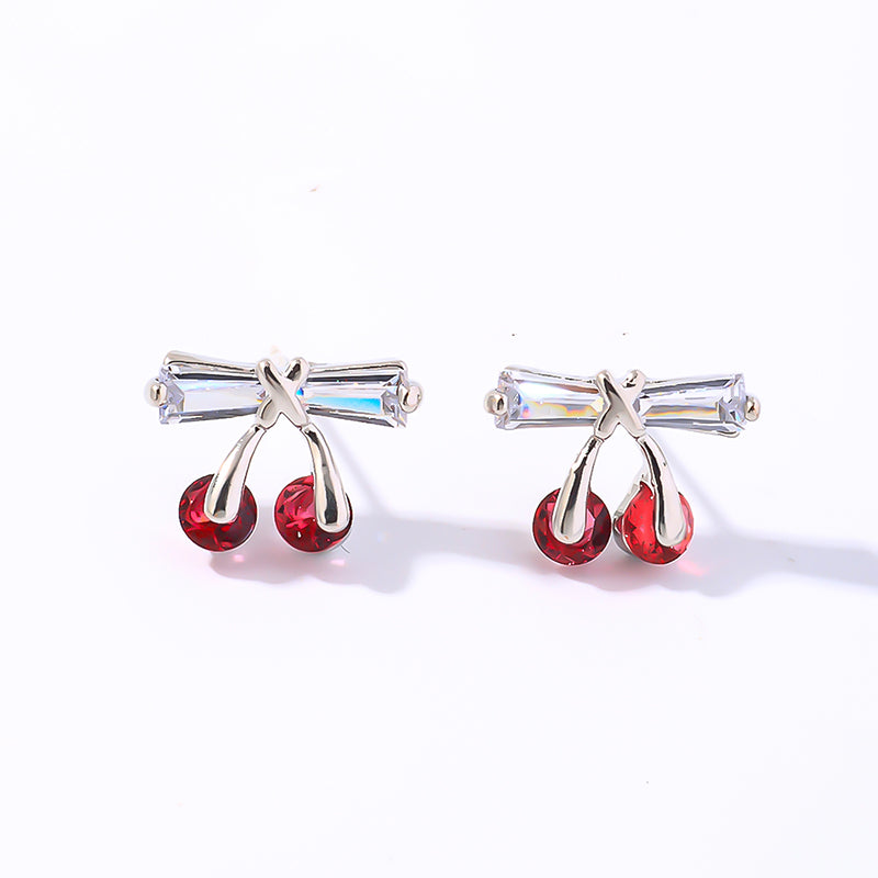 1 Pair Ig Style Cute Simple Style Cherry Bow Knot Plating Inlay Copper Zircon White Gold Plated Ear Studs