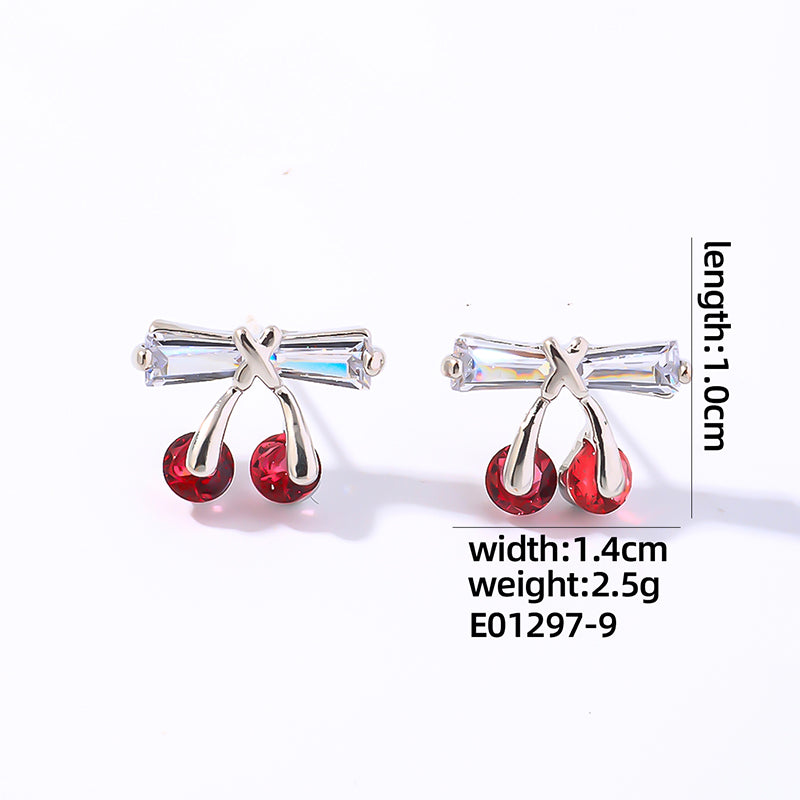 1 Pair Ig Style Cute Simple Style Cherry Bow Knot Plating Inlay Copper Zircon White Gold Plated Ear Studs